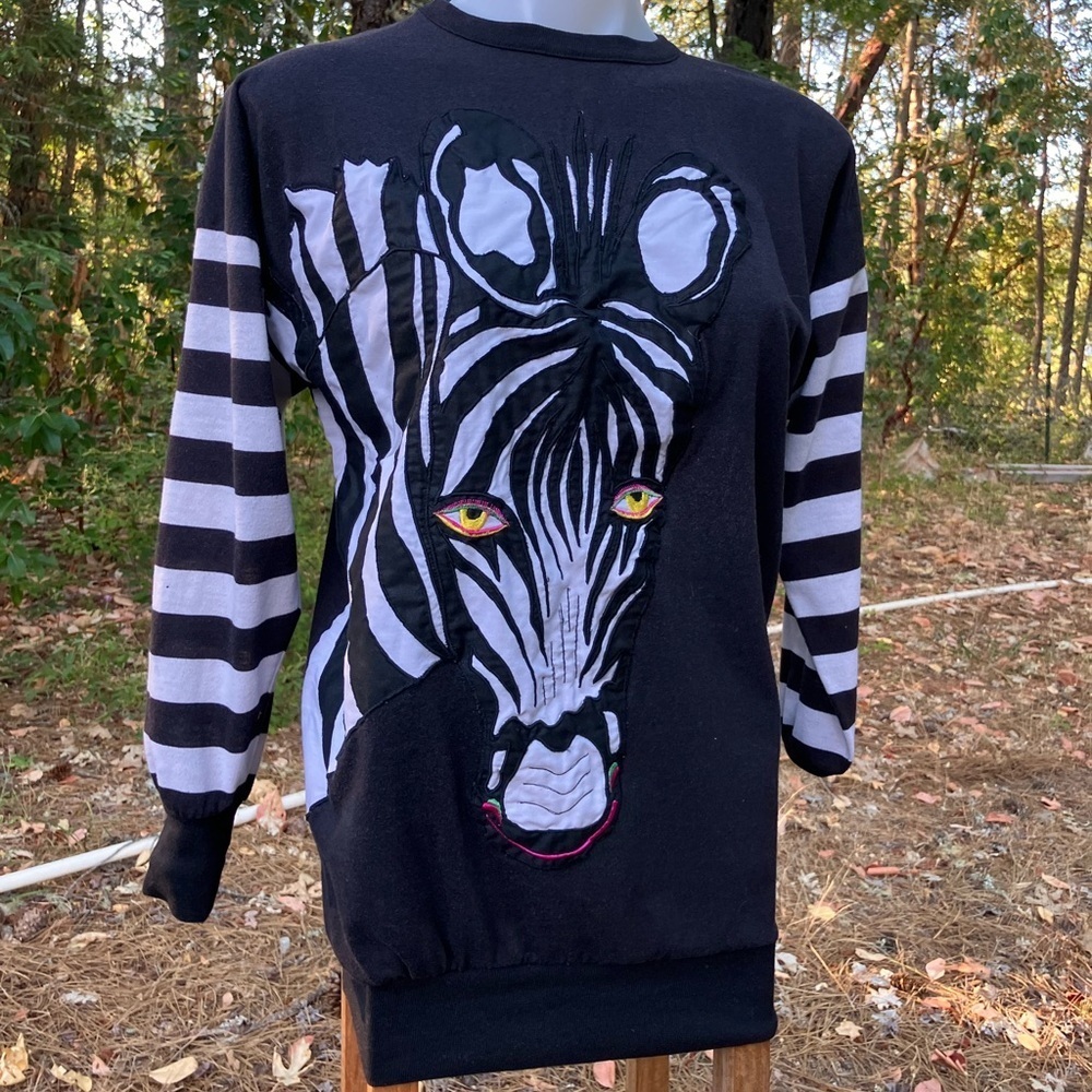 1980’s mod Zebra Print Black and White Sweater vintage applique Bonnie Boerer